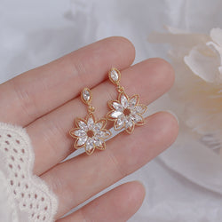 14K Real Gold Dainty Zirconia Flower Hollow Stud Earrings