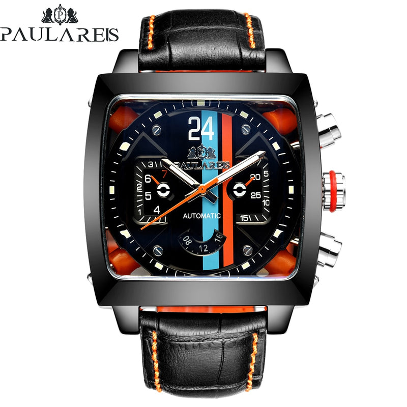 Automatic Self Wind Mechanical Genuine Leather Stainless Steel Watch Men