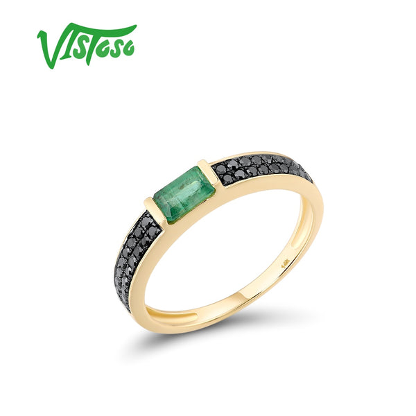 14K Yellow Gold Octagon Emerald Black Diamond Ring for Women