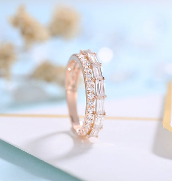 14K Rose Gold Moissanite Baguette Band Ring for women