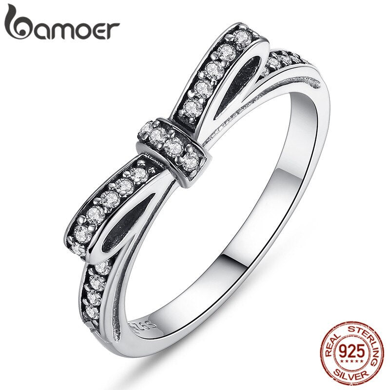 BAMOER 925 Sterling Silver Sparkling Micro Pave CZ Bow Knot Ring