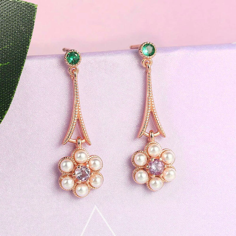 LAMOON 925 Sterling Silver Rose Gold Plated Pearl Flower Amethyst Gemstone Drop Earrings