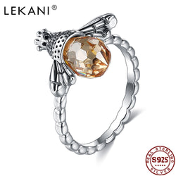 LEKANI Rings For Women S925 Sterling Silver Lovely Orange Crystal Bee Animal Vintage Ring Silver Color Elegant Gift Fine Jewelry