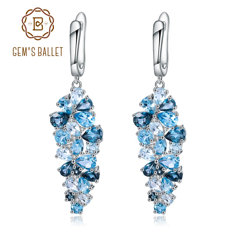GEMS BALLET Real 925 Sterling Silver Natural Sky Blue Mix Topaz Gemstones Drop Earrings