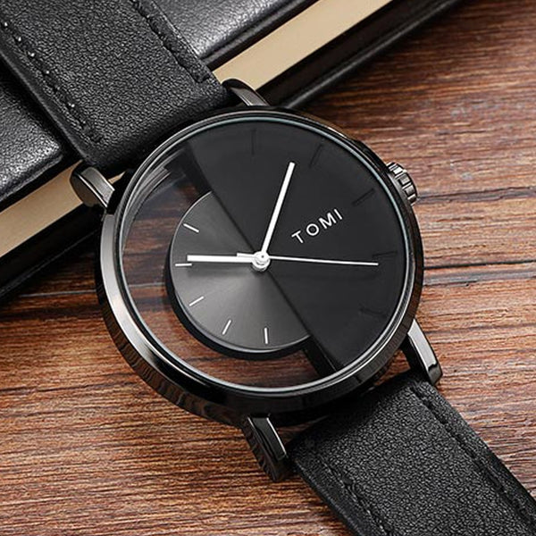 Stainless Steel Leather Half Transparent Unisex Watch