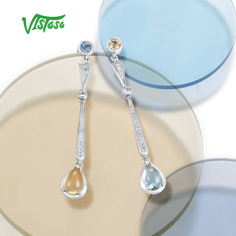 14K White Gold Quartz Diamond Topaz Dangling Earrings for Women