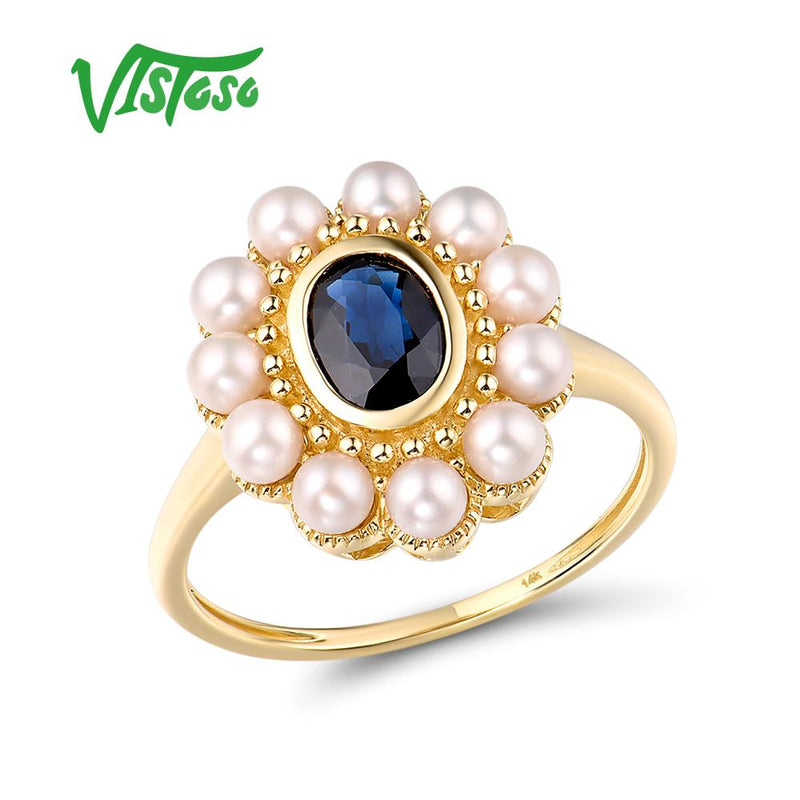 14K Yellow Gold Blue Sapphire and Freshwater Pearl Ring for Women