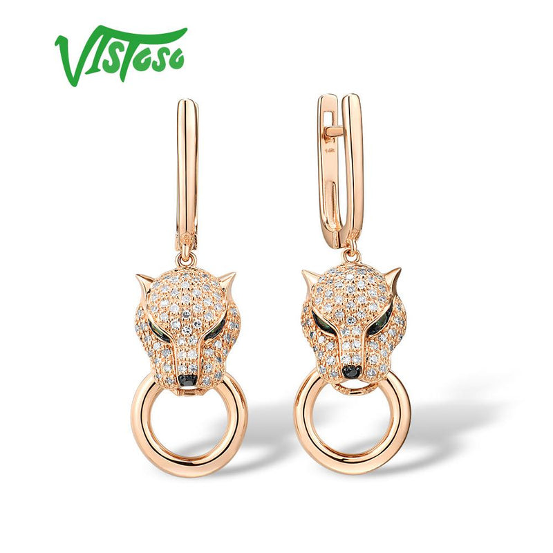 VISTOSO Genuine 14K 585 Rose Gold Leopard Emerald Sparkling Diamond Earrings