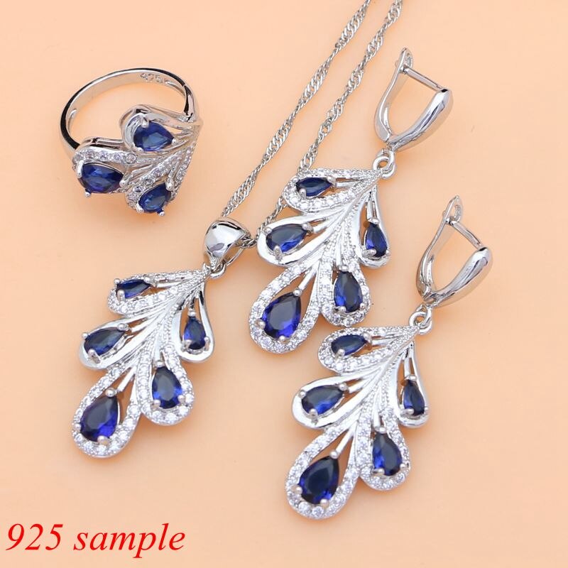 Sterling Silver Blue Sapphire and White Crystal Leaf Jewelry Set for Women