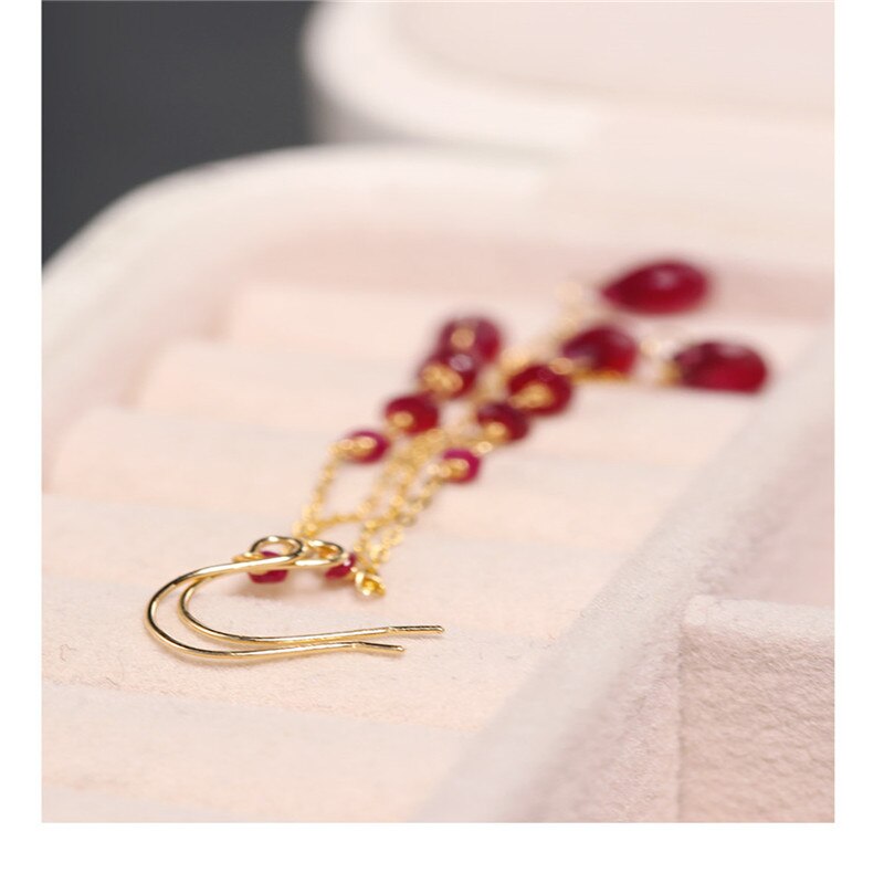DAIMI Genuine Yellow 18K Gold Faceted Waterdrop Ruby Long Earrings