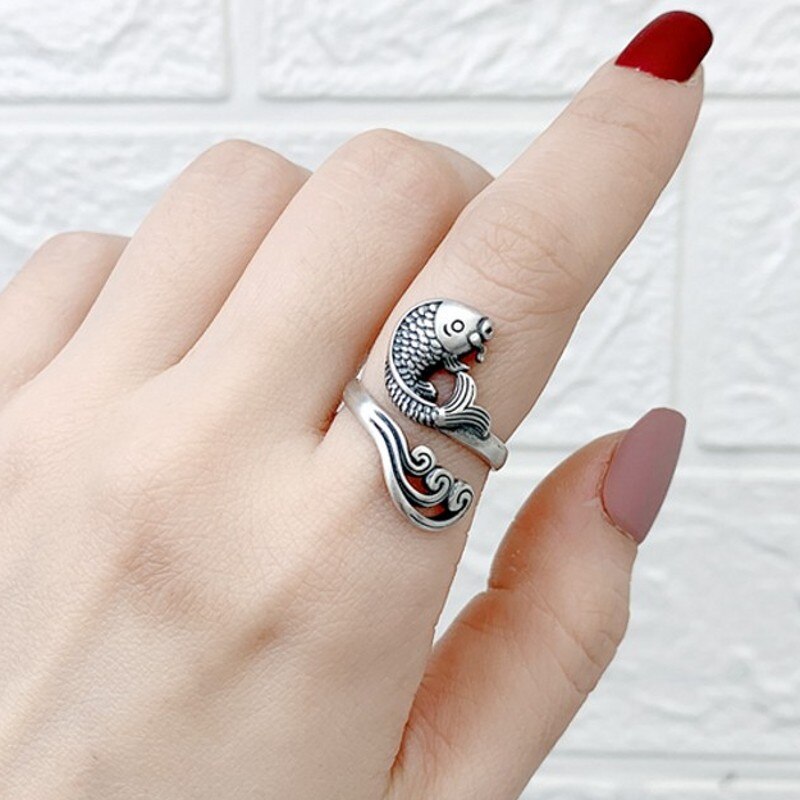 Solid S925 Sterling Silver Water Ripple Carp Ring for Woman