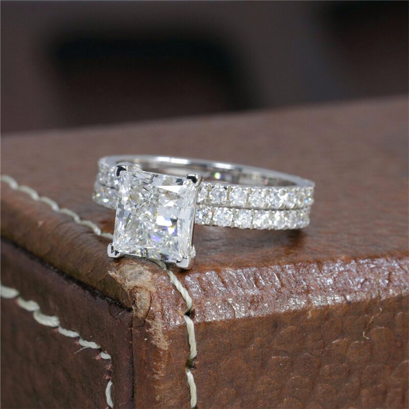 14K Gold 2.0CT Moissanite Princess Cut Half Band Ring Set for Women