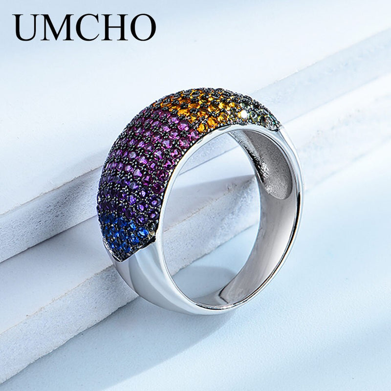 UMCHO 925 Sterling Silver Colorful Rainbow Gemstones Ring