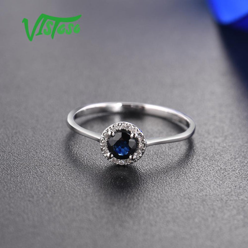 VISTOSO Pure 14K 585 White/Rose Gold Sparkling Diamond Round Blue Sapphire Ring