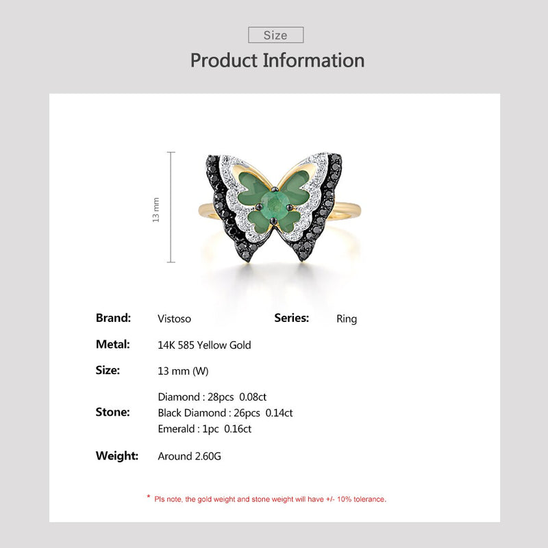 14K Yellow Gold Natural Emerald and Diamond Butterfly Ring for Woman