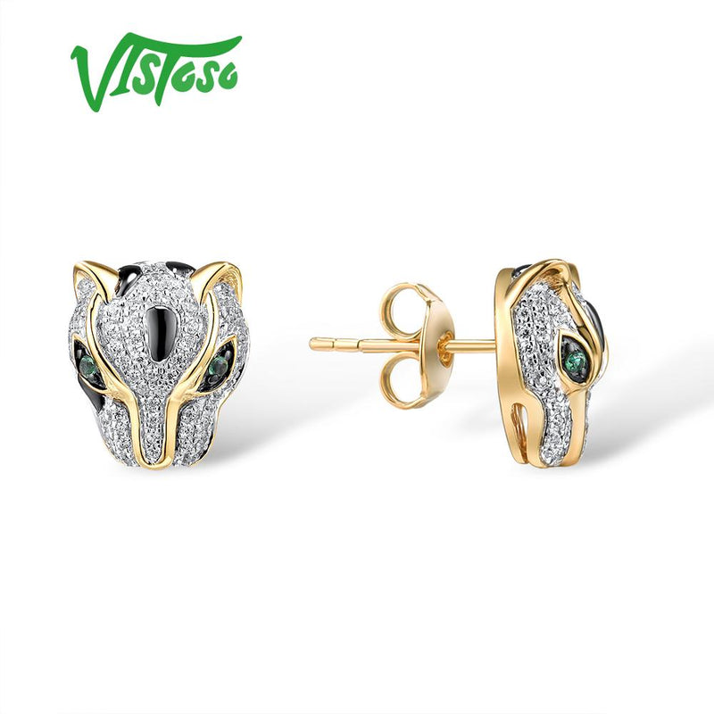 14K Yellow Gold Leopard Earrings with Green Garnet and Diamonds for Women