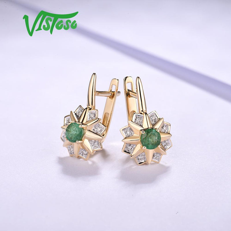 14K Yellow Gold Emerald and Diamond Dangling Earrings for Women