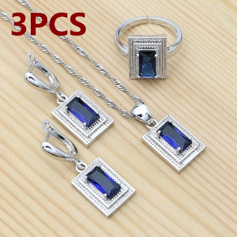 Sterling Silver Blue Cubic Zirconia Square Earrings Pendant Necklace Chain Open Ring Bracelet Set for Women