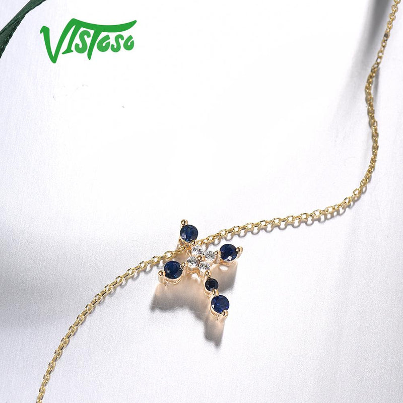 14K Yellow Gold Cross Blue and White Sapphire Pendant for Women