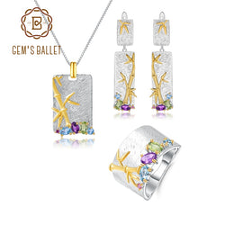 GEMS BALLET 925 Sterling Silver Natural Topaz Amethyst Peridot Handmade Ring Earrings & Pendant Jewelry Set