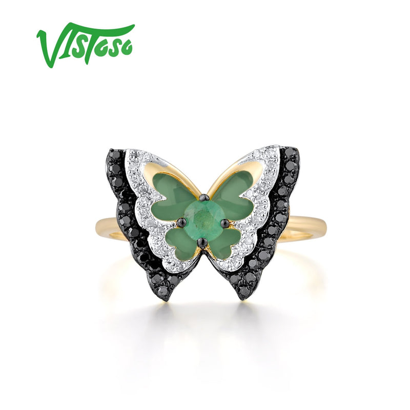 14K Yellow Gold Natural Emerald and Diamond Butterfly Ring for Woman