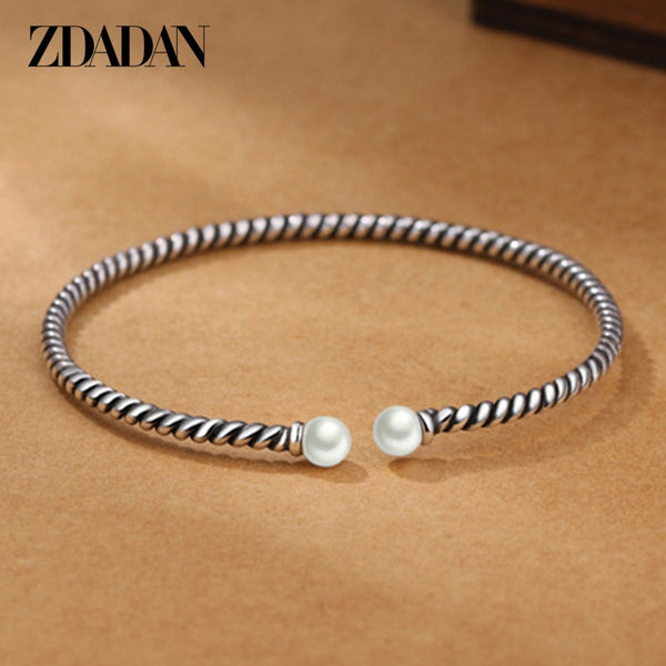 925 Sterling Silver Twisted Double Pearl Cuff Bracelet for Women