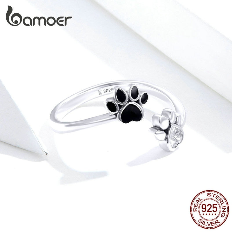 925 Sterling Silver Black Zircon Dog Paw Open Ring for Women