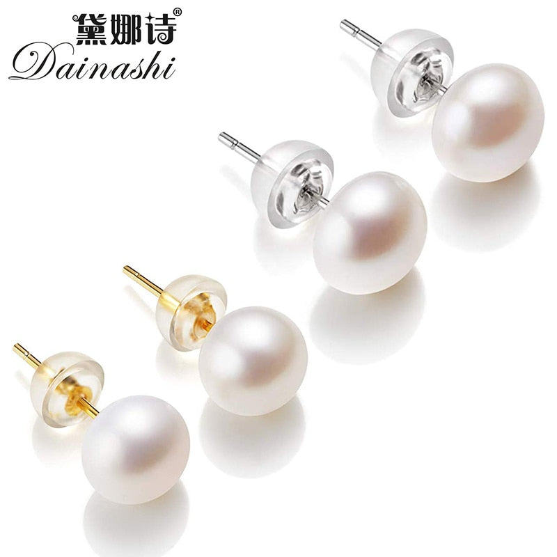 High Luster 6-11mm White Cultured Freshwater Pearl Stud Earrings 925 Sterling Silver