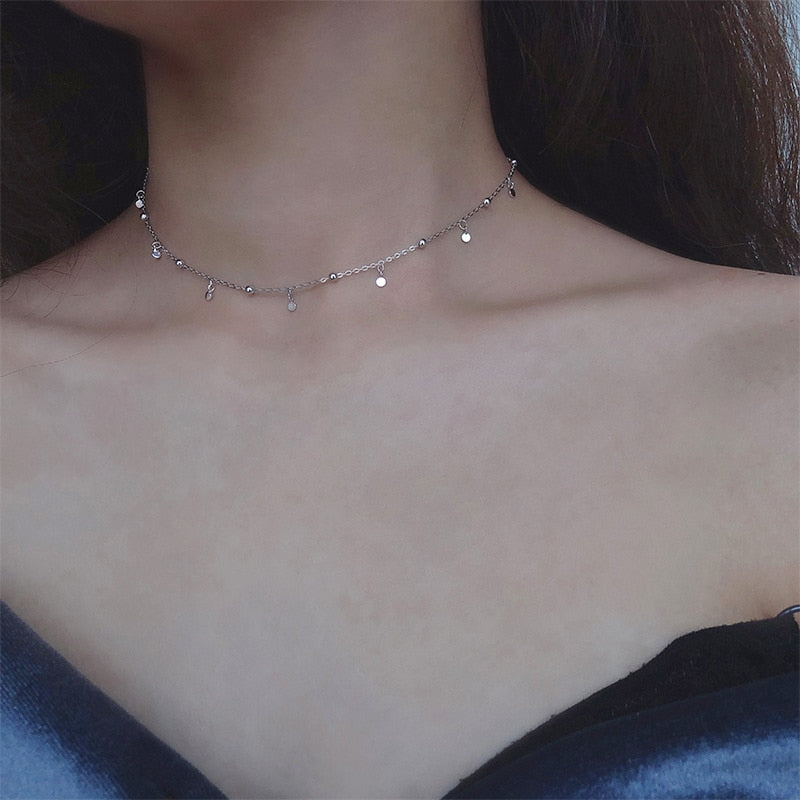 Real 925 Sterling Silver Geometric Round Choker Necklace