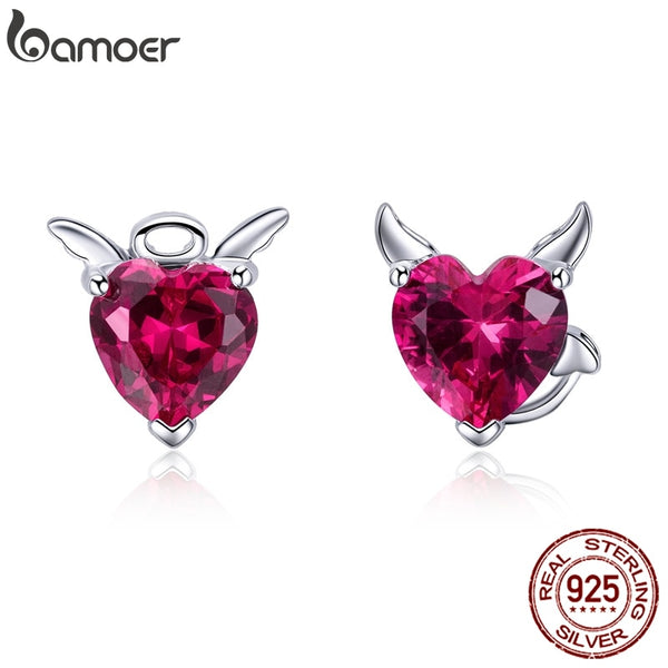 Sterling Silver Pink CZ Angel and Devil Heart Stud Earrings for Women