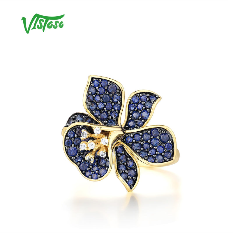 9K Yellow Gold Flower Ring with Lab Created Sapphire and White Topaz for Ladies