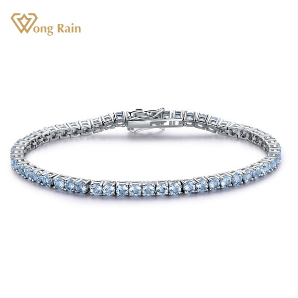 Wong Rain Genuine 925 Sterling Silver Blue Topaz Gemstone Charm Bracelet