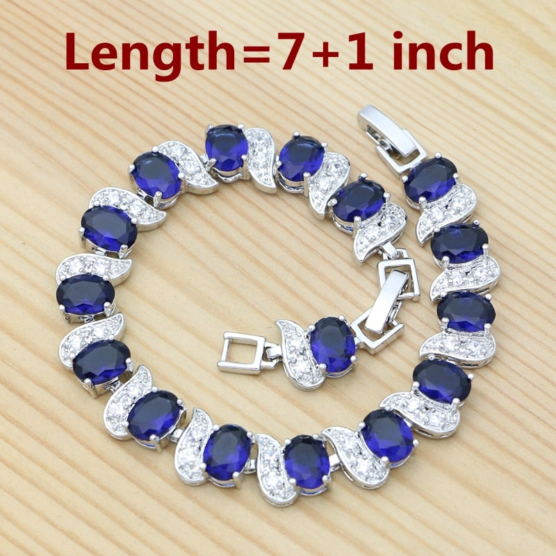 Sterling Silver Blue Cubic Zirconia Square Earrings Pendant Necklace Chain Open Ring Bracelet Set for Women