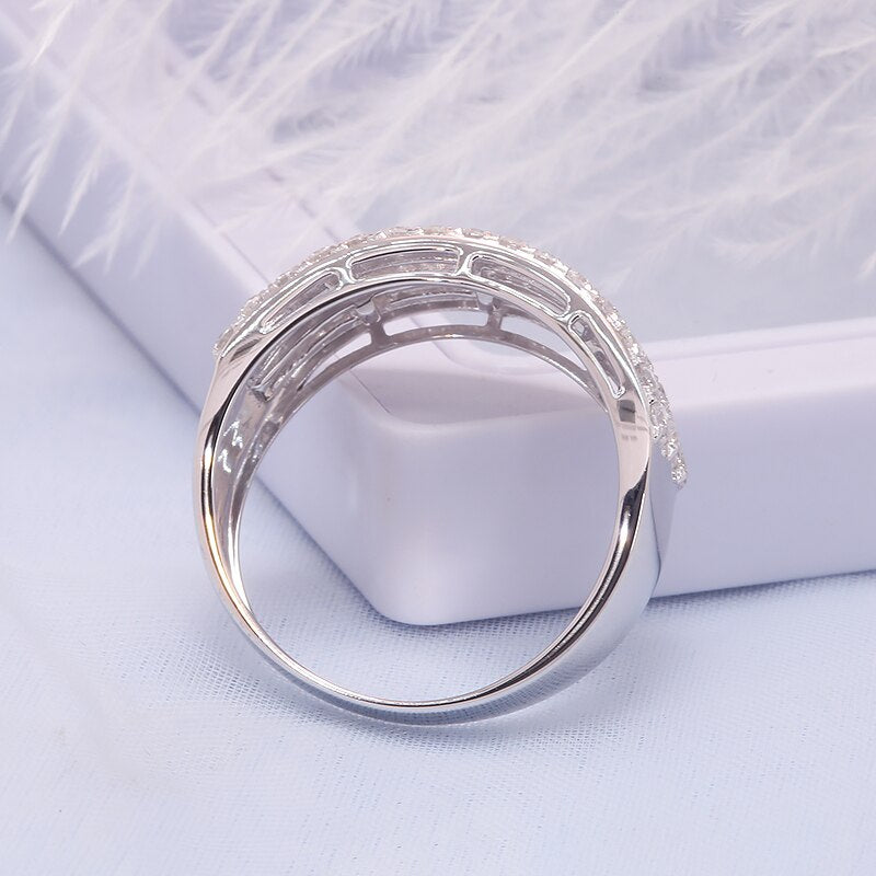 Solid 18K White Gold Natural Round Baguette Diamond Ring