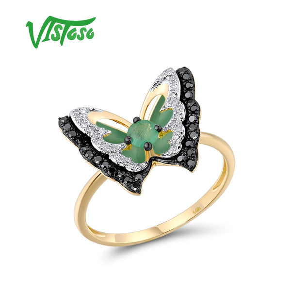 14K Yellow Gold Natural Emerald and Diamond Butterfly Ring for Woman