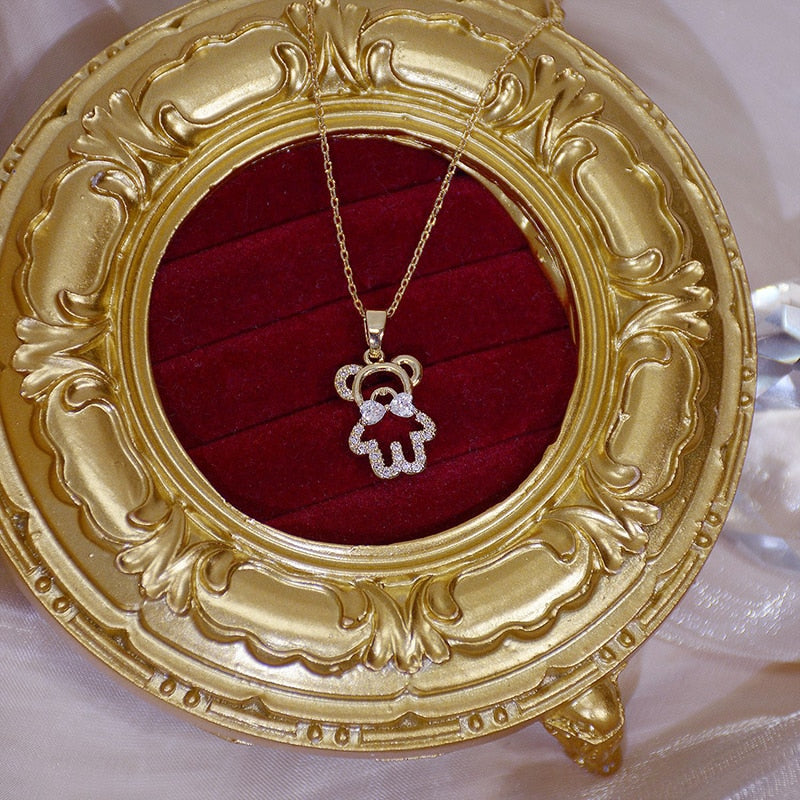 14k Real Gold Cute Bear Shining Zircon Pendant Necklace