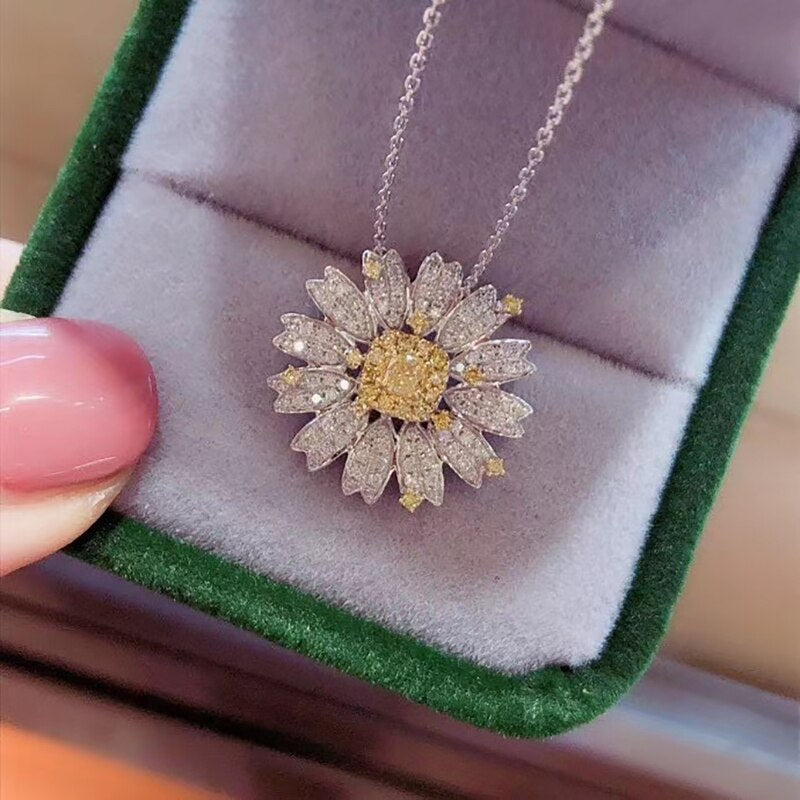 18K White Gold 1. [Real Yellow Diamond Flower Daisy Necklace] For Women