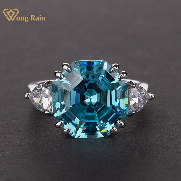 Wong Rain 925 Sterling Silver Asscher Cut Created Moissanite Aqumarine Gemstone Wedding Engagement Ring Jewelry Wholesale