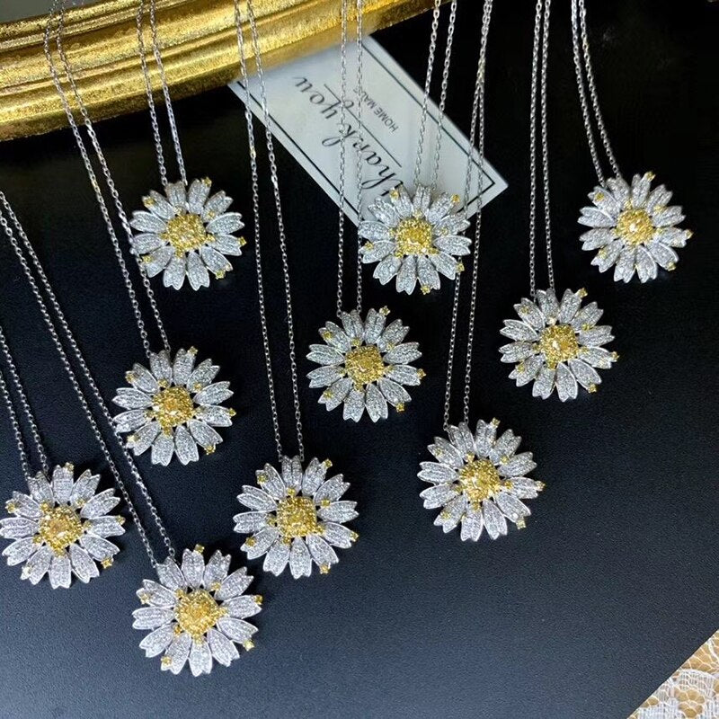 18K White Gold 1. [Real Yellow Diamond Flower Daisy Necklace] For Women