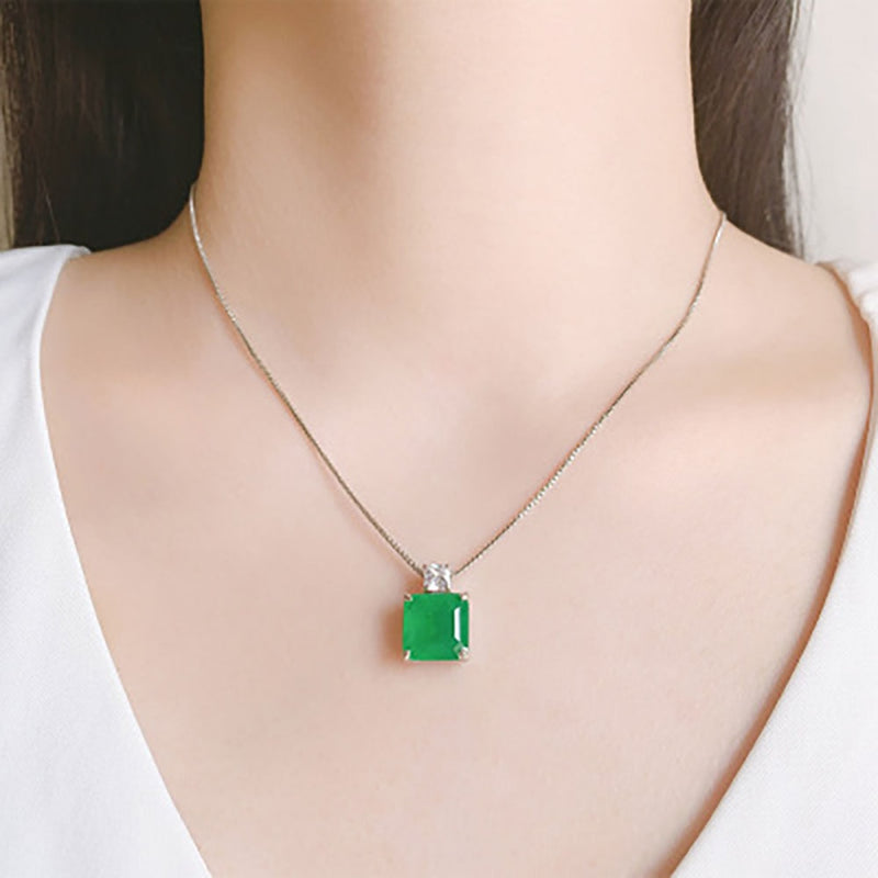 Sterling Silver Emerald Pendant Necklace Earrings Set for Women