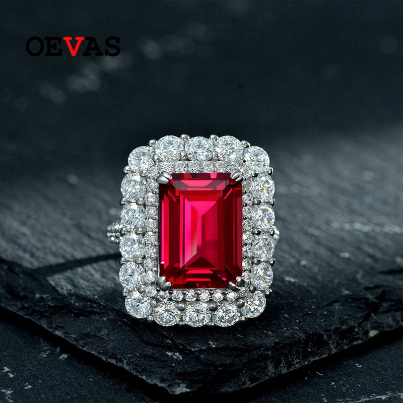 OEVAS 100% 925 Sterling Silver 10*14mm Ruby High Carbon Diamond Rings For Women Sparkling Wedding Party Fine Jewelry Wholesale