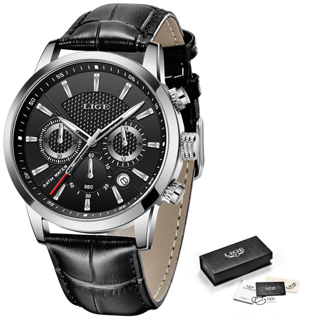Stainless Steel Black Leather Waterproof Chronograph Watch for Men