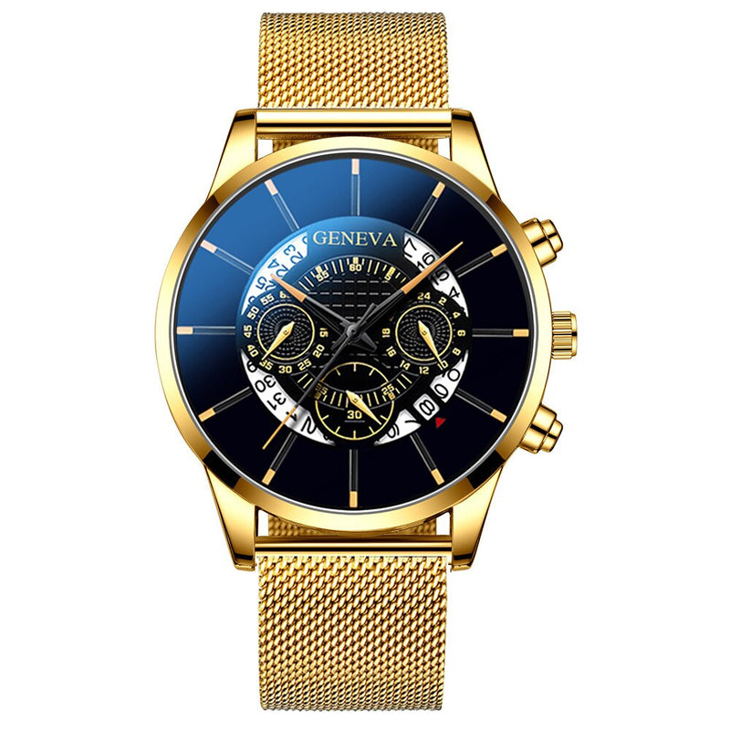 Luxury Mens Fashion Business Calendar Blue Stainless Steel Mesh Belt Analog Quartz Watches
