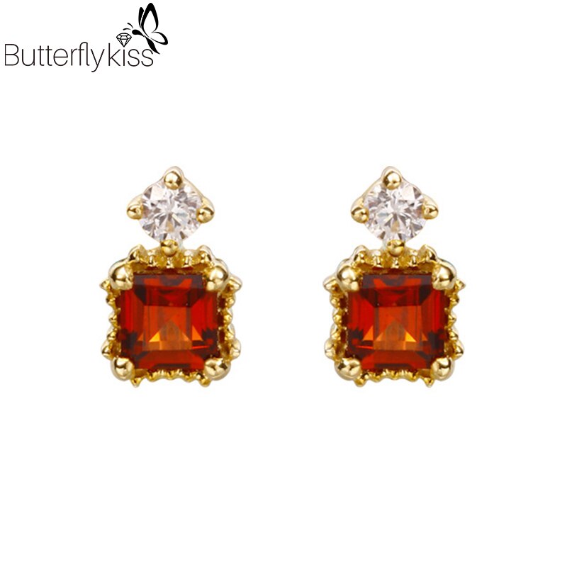 BK 9K Genuine Gold 585 Fashionable Simple Topaz Red Garnet Gemstone Stud Earrings