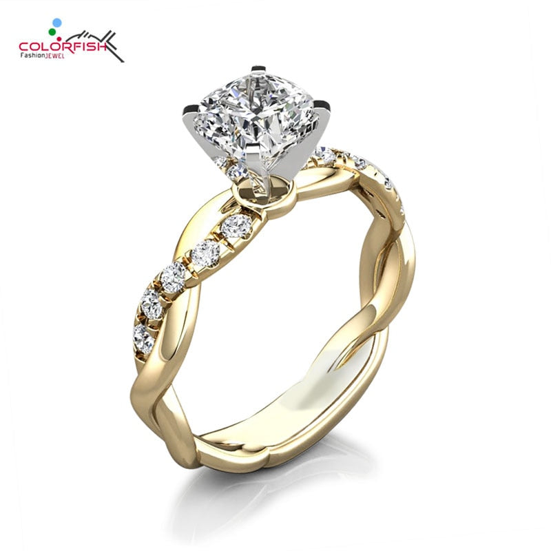 COLORFISH Rose Gold Color Yellow Gold Twist Classic Four Claws Cubic Zirconia Engagement Ring 925 Sterling Silver Women Jewelry