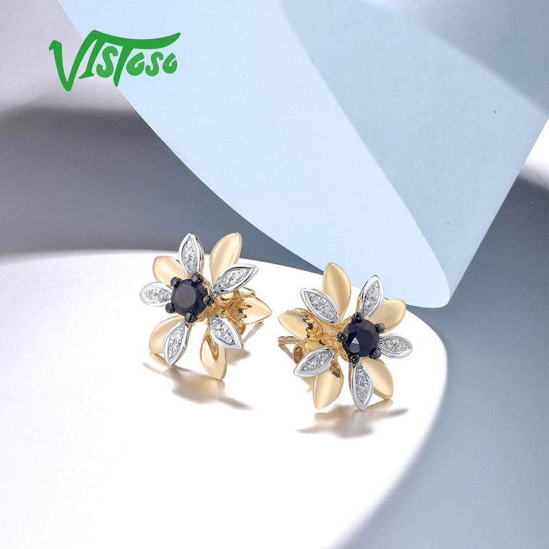 14K Yellow Gold Blue Sapphire Diamond Flower Stud Earrings for Women