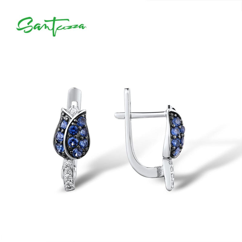 Sterling Silver Blue Tulip Cubic Zirconia Stud Earrings for Women