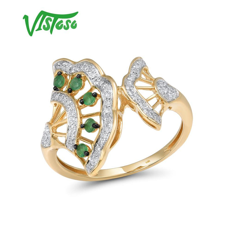 VISTOSO Genuine 14K 585 Yellow Gold Magic Emerald Sparkling Diamond Ring