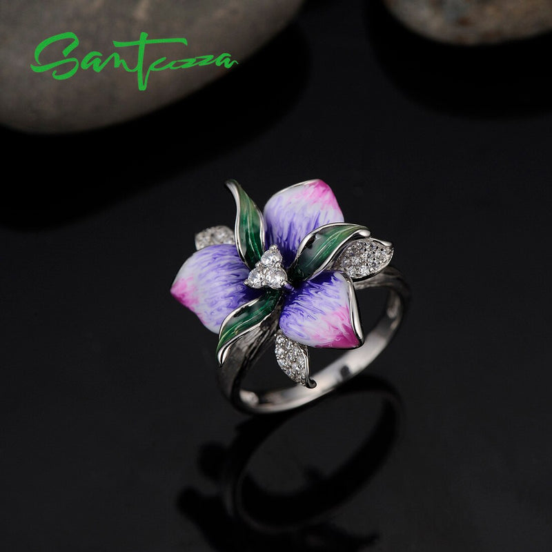 SANTUZZA 925 Sterling Silver Elegant Handmade Pink Purple Flower Earrings Pendant & Ring Jewelry Set