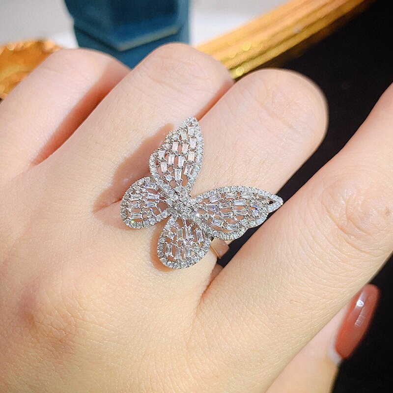 White Gold Sparkling Butterfly Diamond Ring for Women